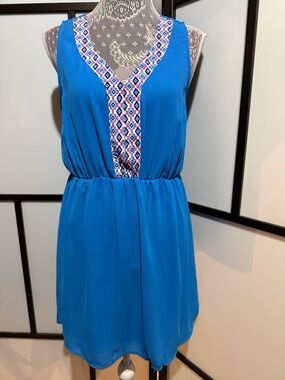 Pink Owl Bright Blue Sleeveless Mini Dress with Patterned Trim